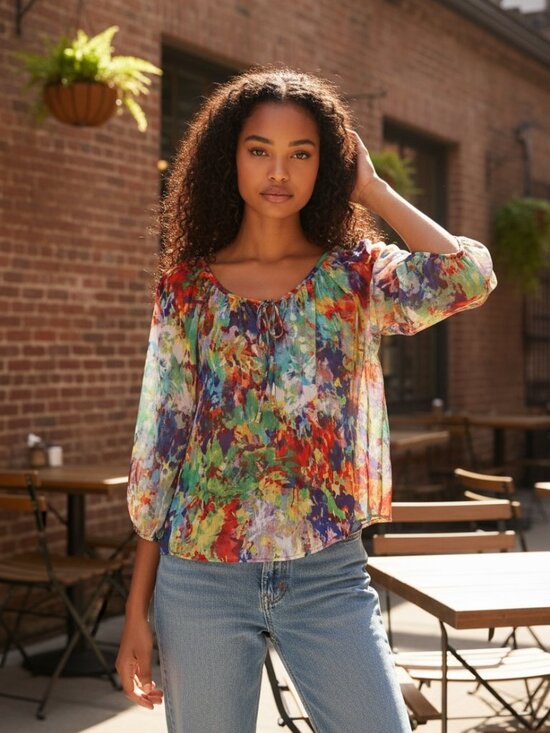 Kay Celine Tops - Women’s Multicolor Watercolor Print Peasant Blouse